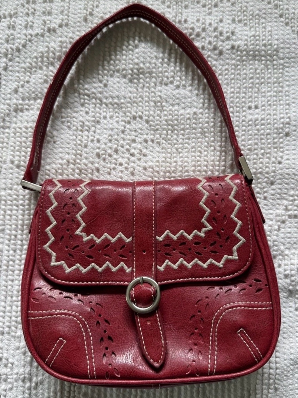 Red Faux Leather Shoulder Bag with Decorative White Stitching Fina Firenze